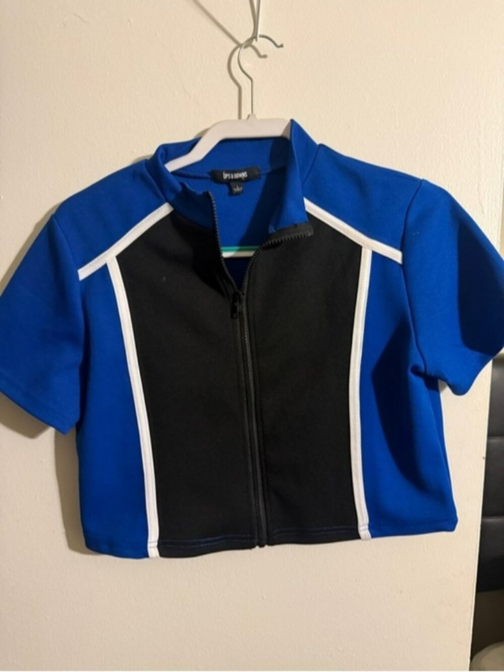 Blue & Black Zip Front Crop Top with White Piping